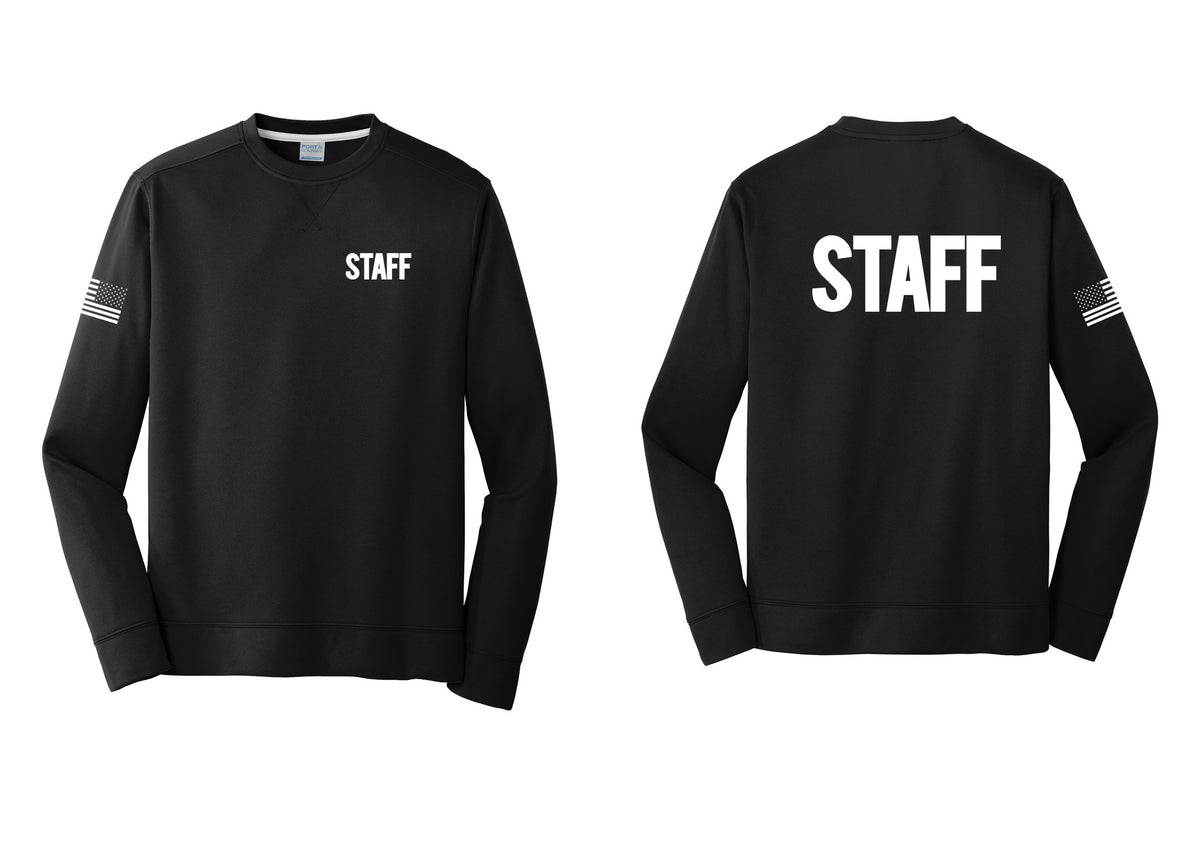 NYC Factory Staff Performance Fleece Crewneck Sweatshirt (Bold) - Chest + Back + US Flag Sleeve - Black