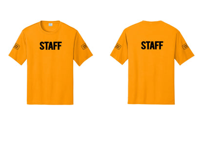 NYC Factory Custom Logo Staff Performance T-Shirt (Bold) - Front + Back + Your Logo Sleeves - Gold