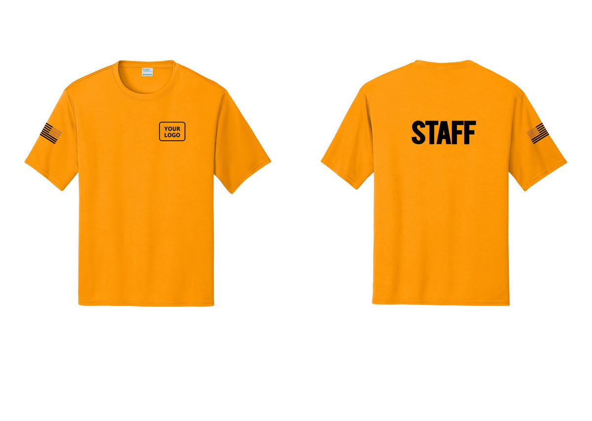 NYC Factory Custom Logo Staff Performance T-Shirt (Bold) - Your Logo + Back + US Flag Sleeve - Gold