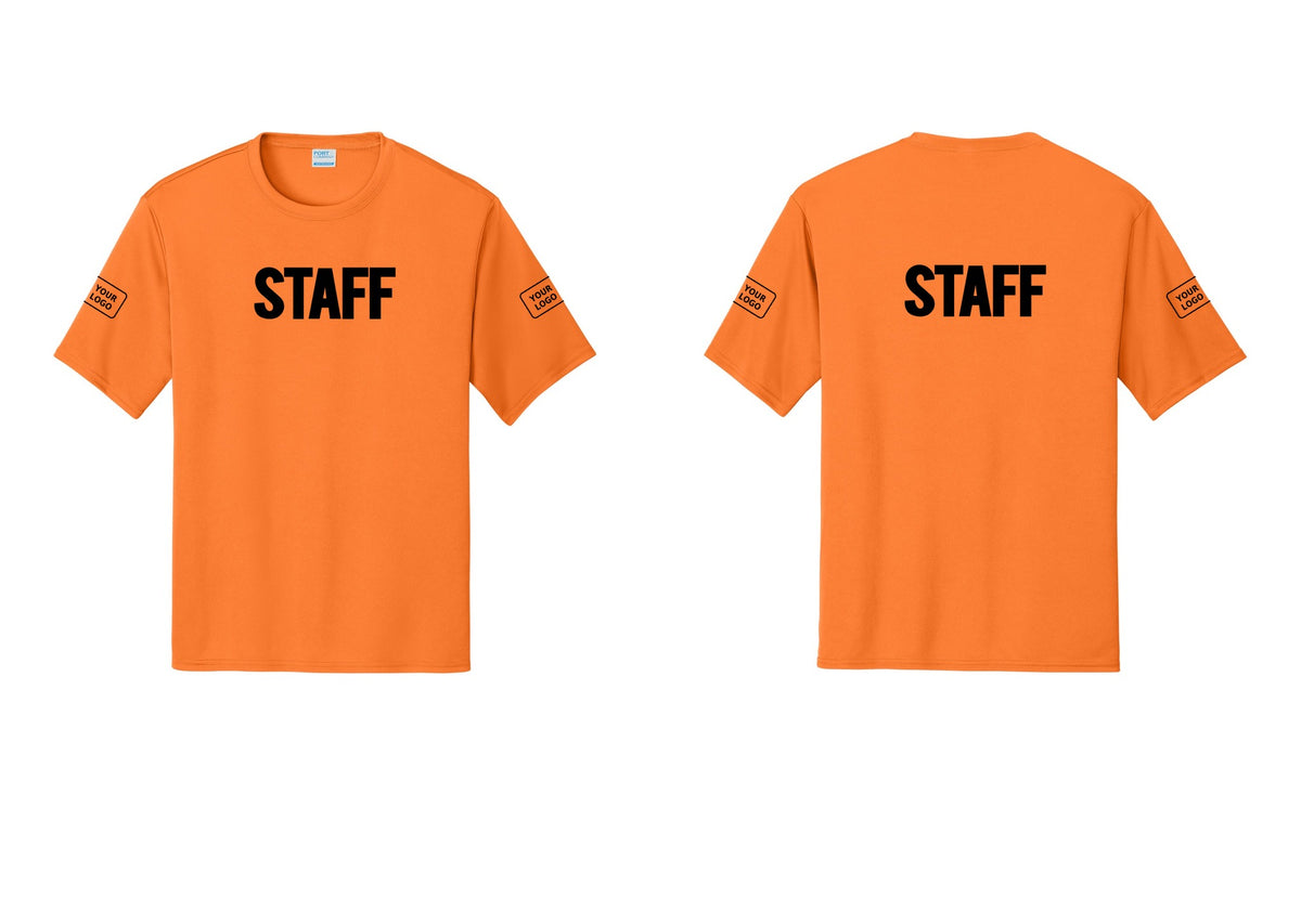 NYC Factory Custom Logo Staff Performance T-Shirt (Bold) - Front + Back + Your Logo Sleeves - Neon Orange
