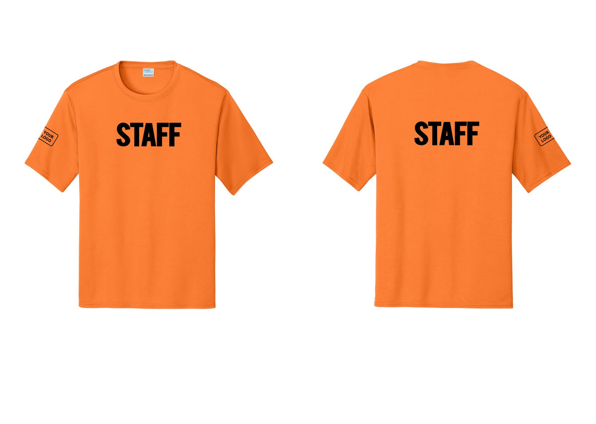 NYC Factory Custom Logo Staff Performance T-Shirt (Bold) - Front + Back + Your Logo Sleeve - Neon Orange