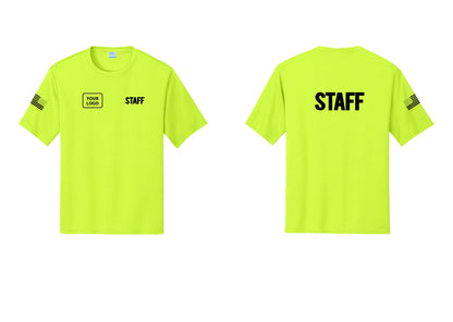 NYC Factory Custom Logo Staff Performance T-Shirt (Bold) - STAFF + Your Logo + Back + US Flag Sleeve - Neon Yellow