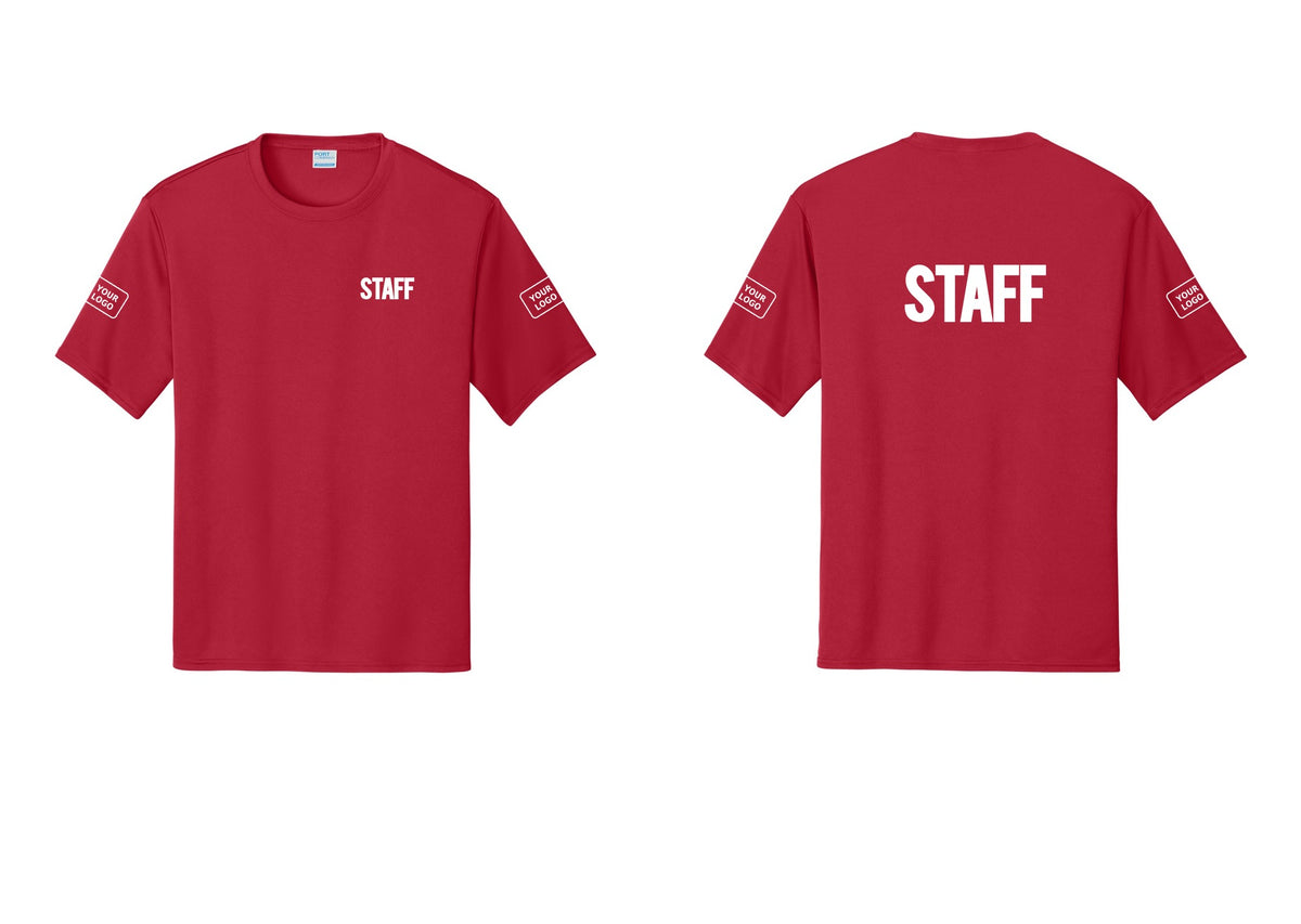 NYC Factory Custom Logo Staff Performance T-Shirt (Bold) - Chest + Back + Your Logo Sleeves - Red