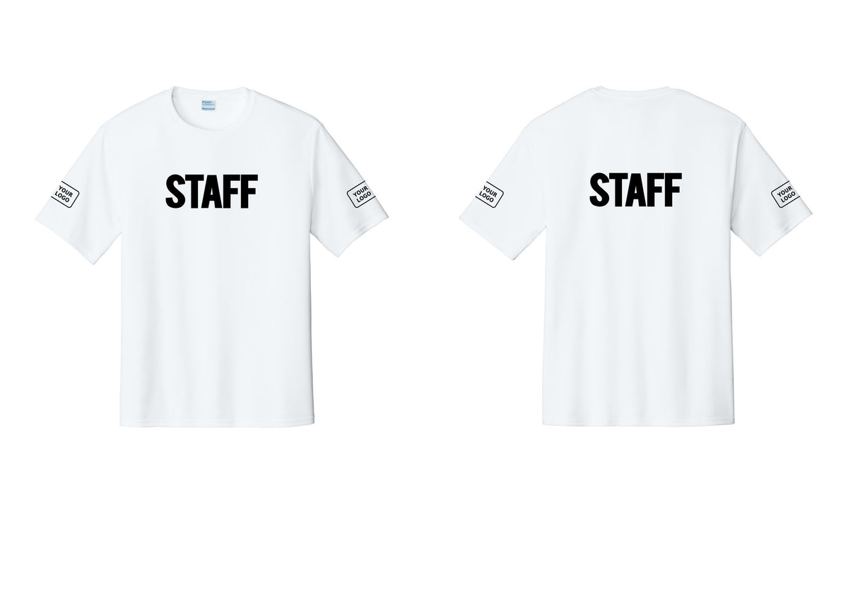 NYC Factory Custom Logo Staff Performance T-Shirt (Bold) - Front + Back + Your Logo Sleeves - White