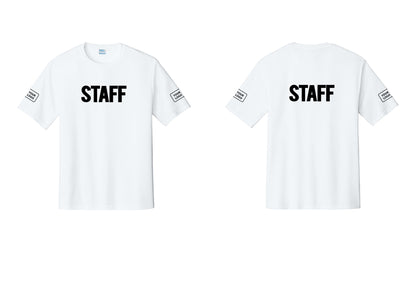 NYC Factory Custom Logo Staff Performance T-Shirt (Bold) - Front + Back + Your Logo Sleeves - White