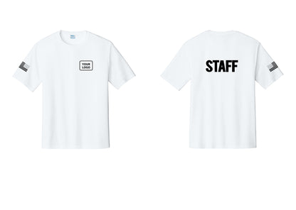 NYC Factory Custom Logo Staff Performance T-Shirt (Bold) - Your Logo + Back + US Flag Sleeve - White