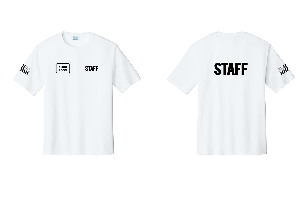 NYC Factory Custom Logo Staff Performance T-Shirt (Bold) - STAFF + Your Logo + Back + US Flag Sleeve - White
