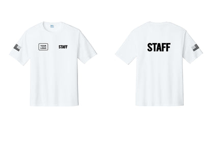 NYC Factory Custom Logo Staff Performance T-Shirt (Bold) - STAFF + Your Logo + Back + US Flag Sleeve - White