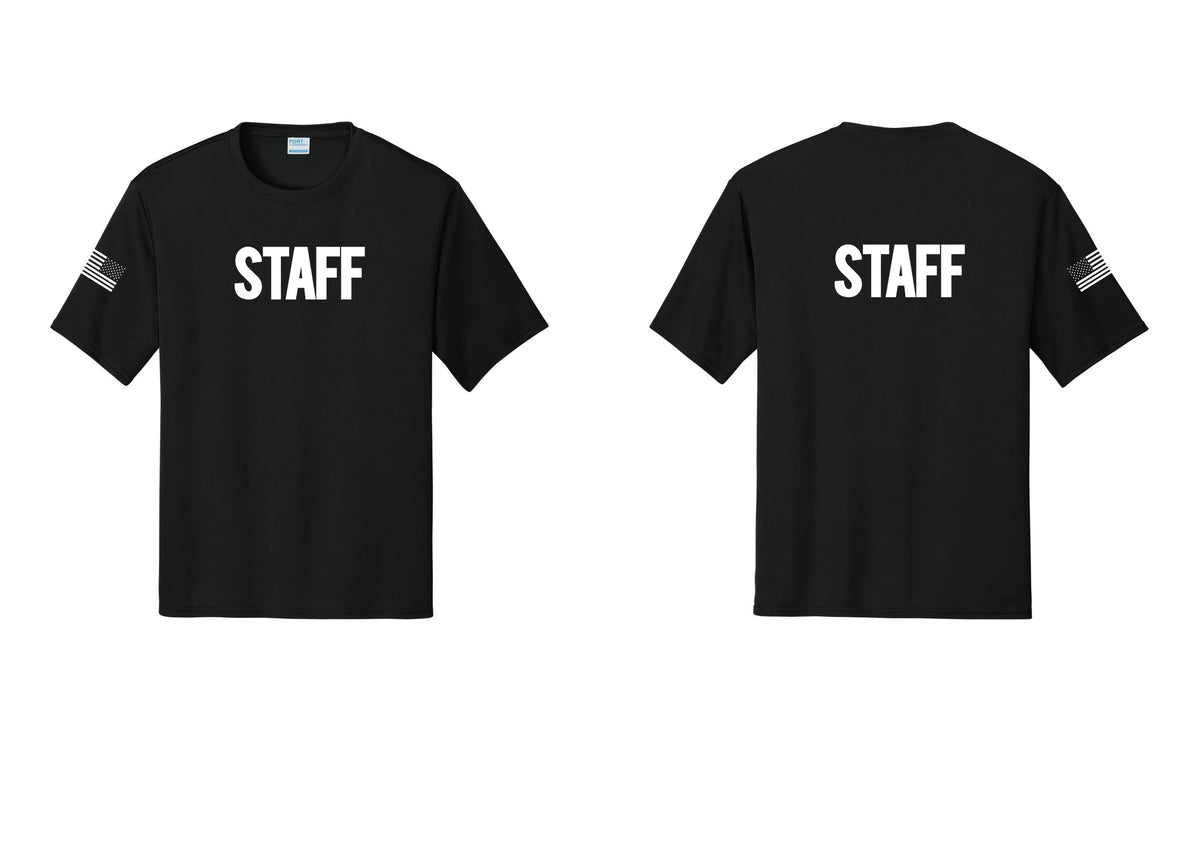 NYC Factory Staff Performance T-Shirt (Bold) - Front + Back + US Flag Sleeve - Black