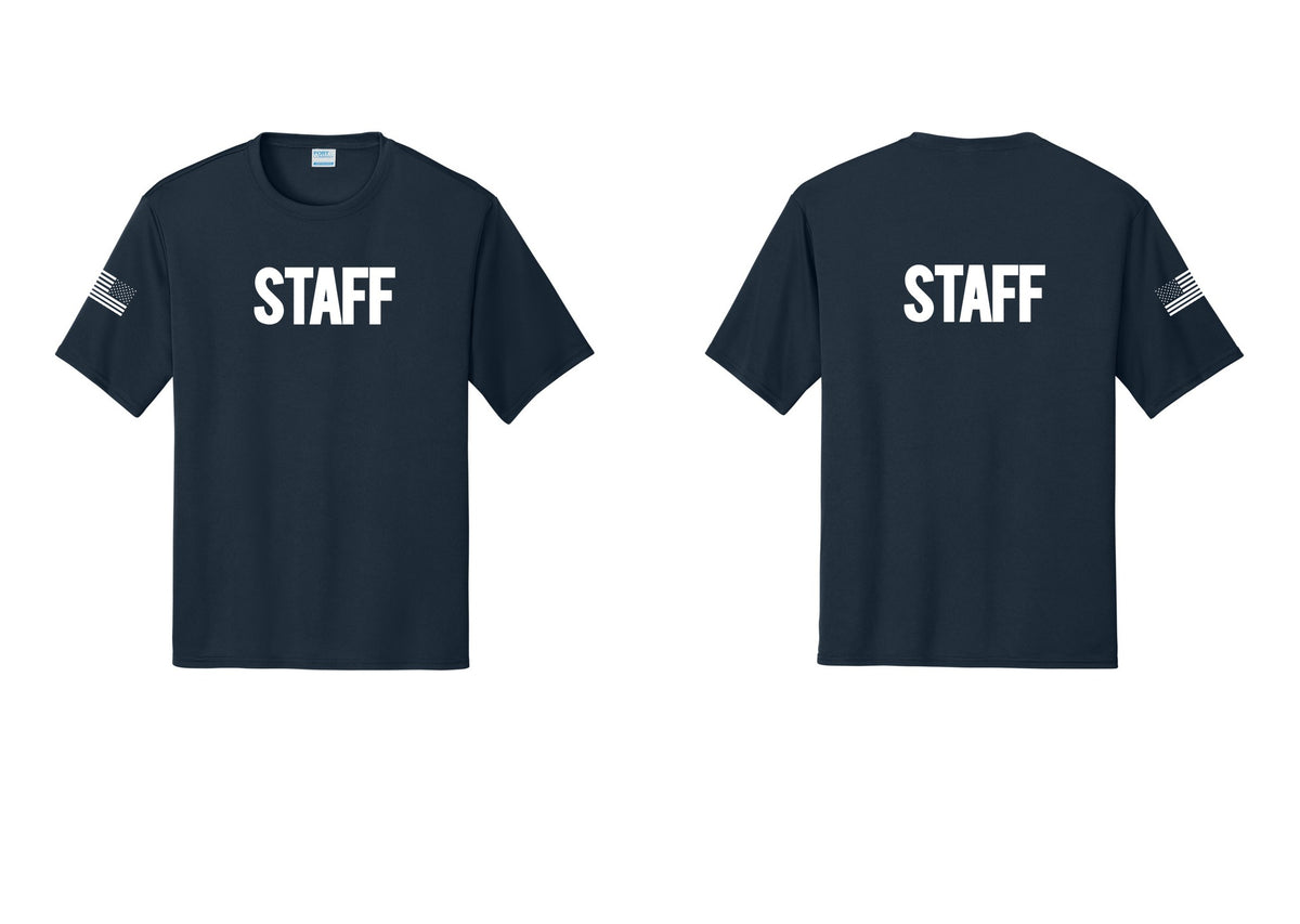 NYC Factory Staff Performance T-Shirt (Bold) - Front + Back + US Flag Sleeve - Navy
