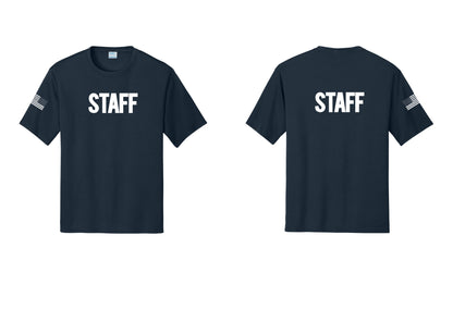 NYC Factory Staff Performance T-Shirt (Bold) - Front + Back + US Flag Sleeve - Navy