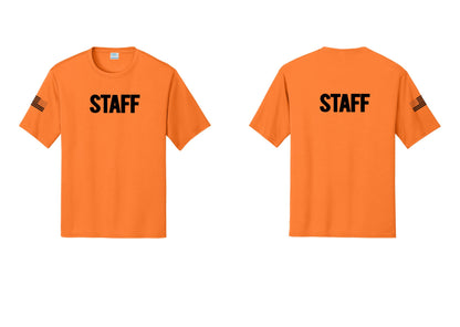 NYC Factory Staff Performance T-Shirt (Bold) - Front + Back + US Flag Sleeve - Neon Orange