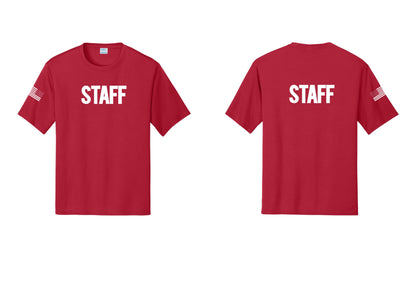 NYC Factory Staff Performance T-Shirt (Bold) - Front + Back + US Flag Sleeve - Red