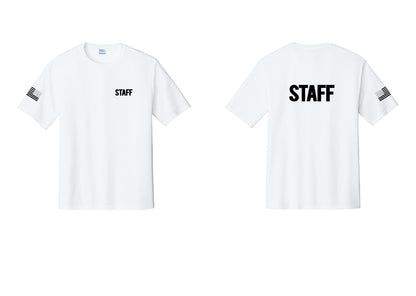 NYC Factory Staff Performance T-Shirt (Bold) - Chest + Back + US Flag Sleeve - White