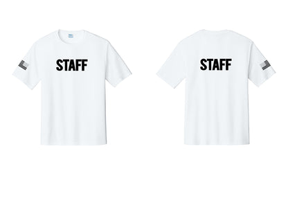 NYC Factory Staff Performance T-Shirt (Bold) - Front + Back + US Flag Sleeve - White