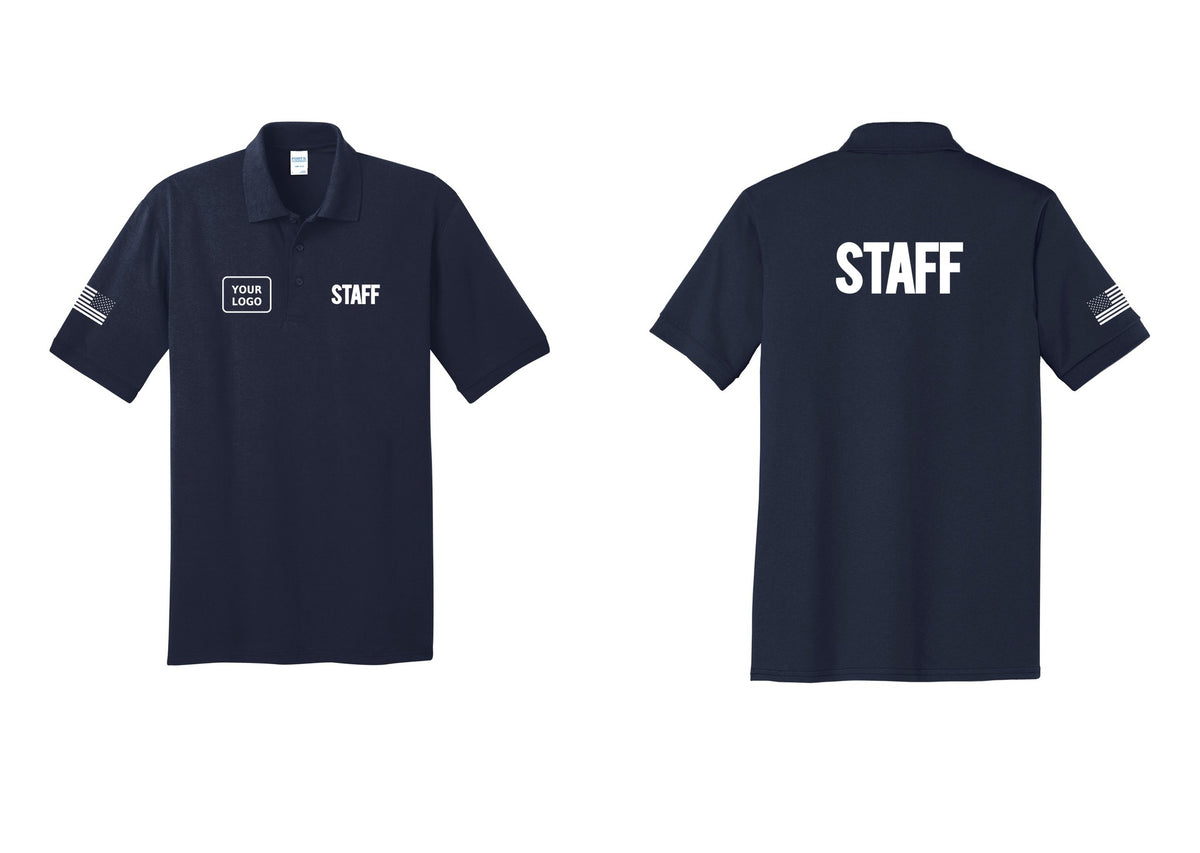 NYC Factory Custom Logo Staff Polo Shirt (Bold) - STAFF + Your Logo + Back + US Flag Sleeve - Navy