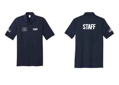 NYC Factory Custom Logo Staff Polo Shirt (Bold) - STAFF + Your Logo + Back + US Flag Sleeve - Navy