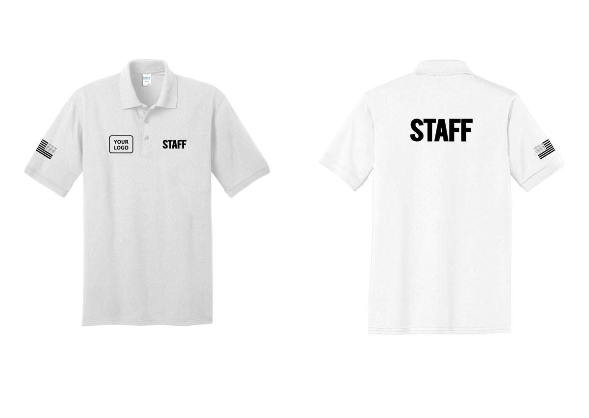 NYC Factory Custom Logo Staff Polo Shirt (Bold) - STAFF + Your Logo + Back + US Flag Sleeve - White