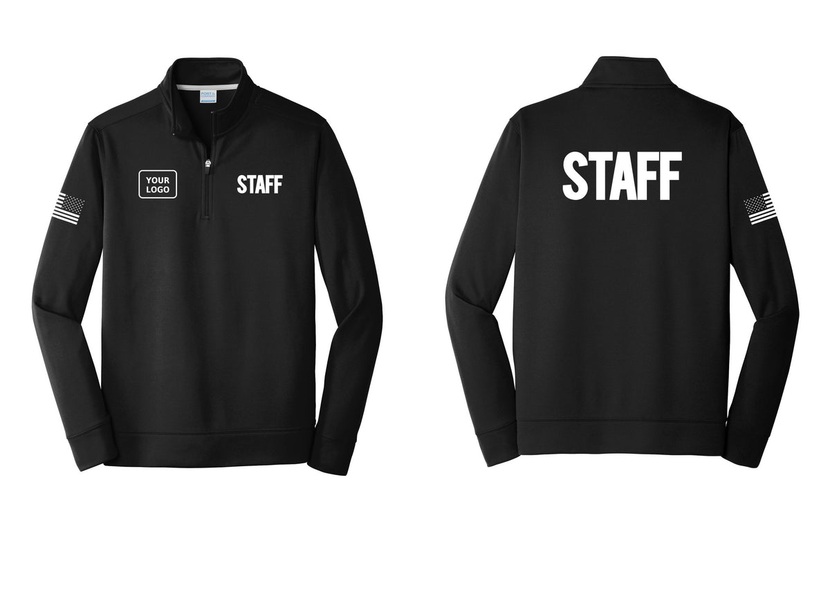 NYC Factory Custom Logo Staff Performance Fleece 1/4-Zip Pullover Sweatshirt (Bold) - STAFF + Your Logo + Back + US Flag Sleeve - Black