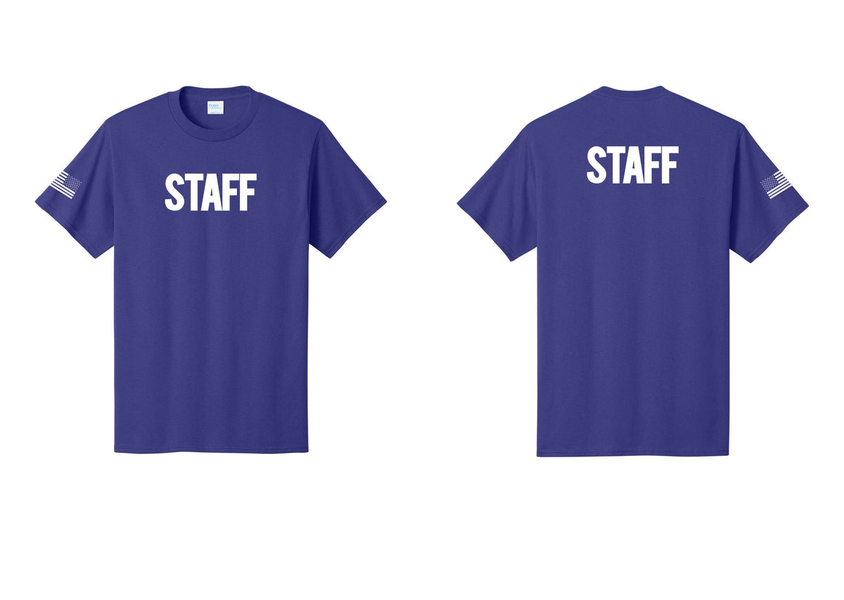 NYC Factory Staff T-Shirt, Bold Lettering - Front + Back + US Flag Sleeve - Purple