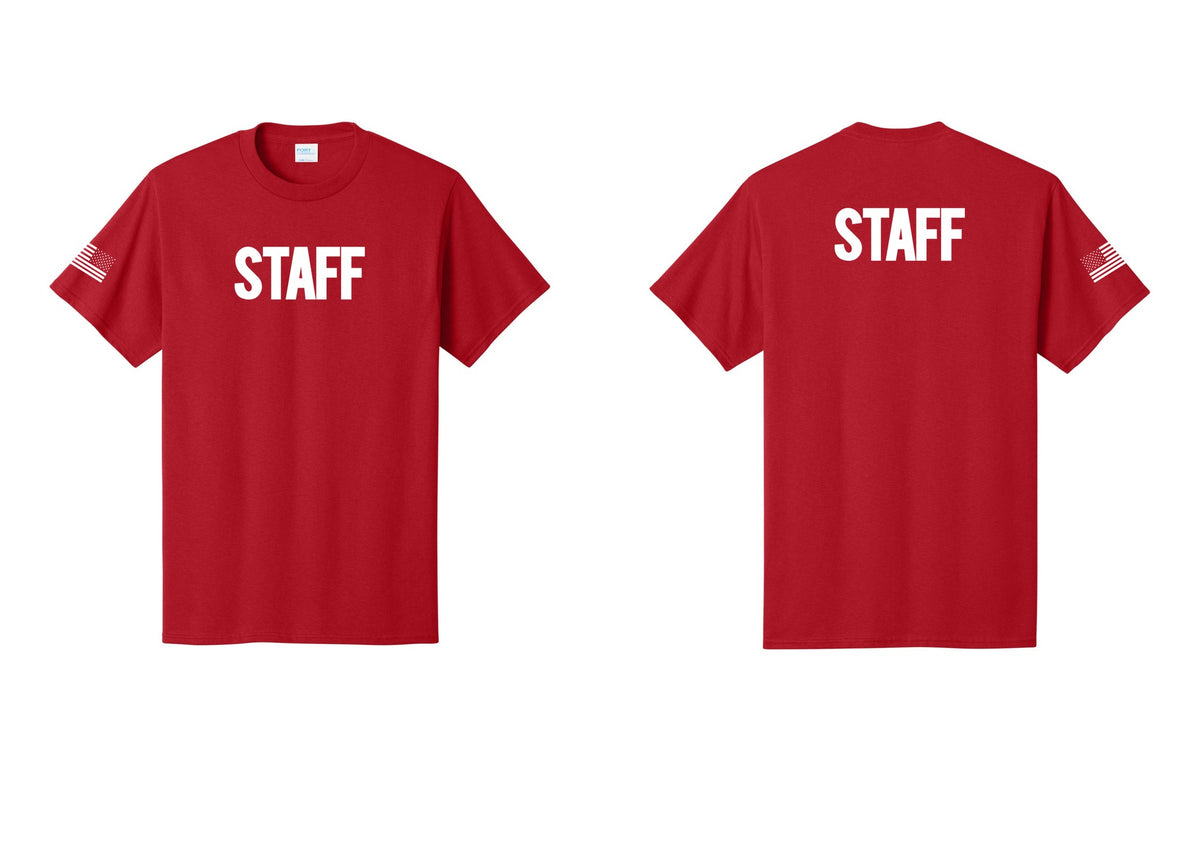 NYC Factory Staff T-Shirt, Bold Lettering - Front + Back + US Flag Sleeve - Red