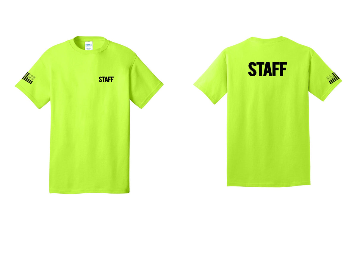 NYC Factory Staff T-Shirt, Bold Lettering - Chest + Back + US Flag Sleeve - Safety Green