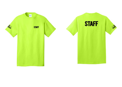 NYC Factory Staff T-Shirt, Bold Lettering - Chest + Back + US Flag Sleeve - Safety Green