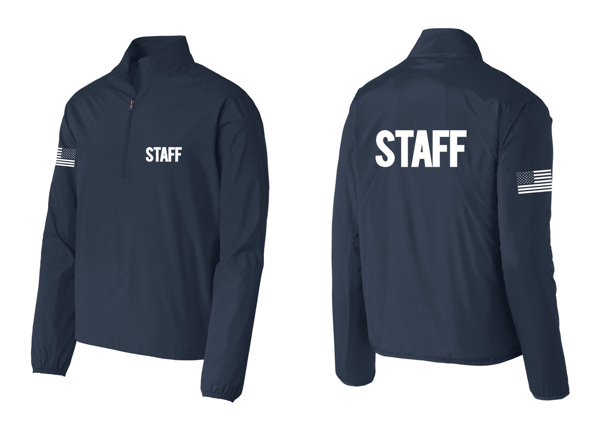 NYC Factory Staff Windbreaker 1/2-Zip Pullover (Bold) - Chest + Back + US Flag Sleeve - Dress Blue Navy