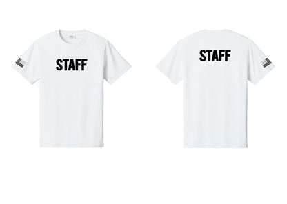 NYC Factory Staff T-Shirt, Bold Lettering - Front + Back + US Flag Sleeve - White