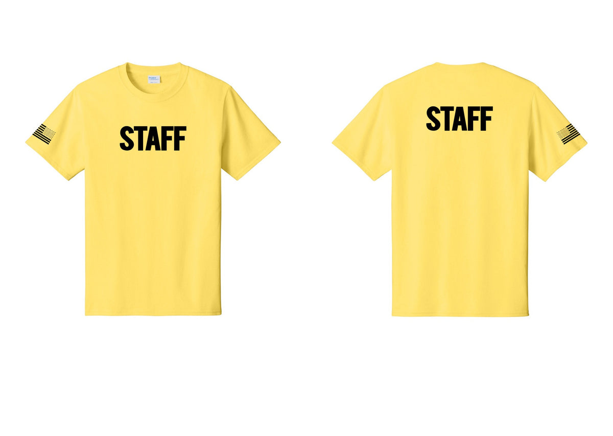 NYC Factory Staff T-Shirt, Bold Lettering - Front + Back + US Flag Sleeve - Yellow