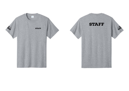 NYC Factory Staff T-Shirt, Rustic Lettering - Chest + Back + US Flag Sleeve - Athletic Heather