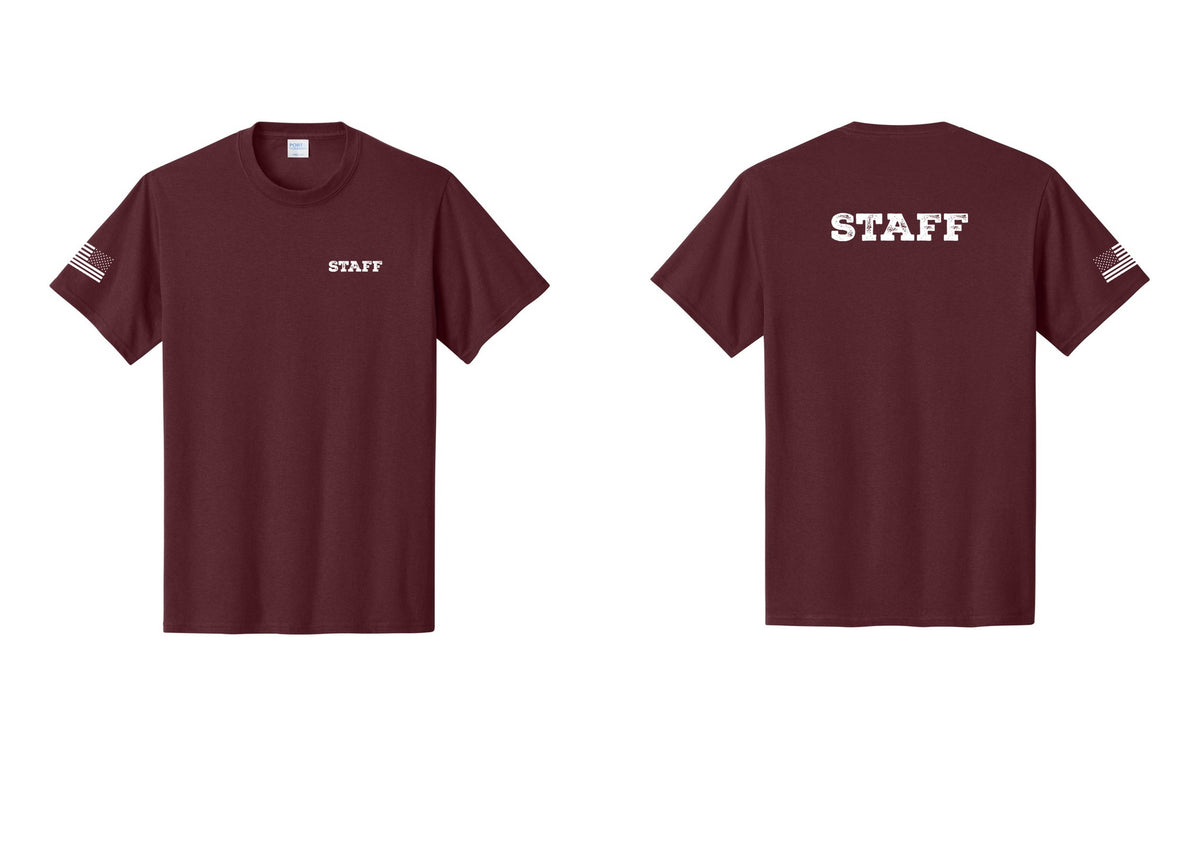 NYC Factory Staff T-Shirt, Rustic Lettering - Chest + Back + US Flag Sleeve - Athletic Maroon