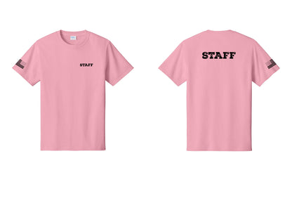 NYC Factory Staff T-Shirt, Rustic Lettering - Chest + Back + US Flag Sleeve - Candy Pink