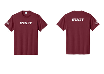 NYC Factory Staff T-Shirt, Rustic Lettering - Front + Back + US Flag Sleeve - Cardinal