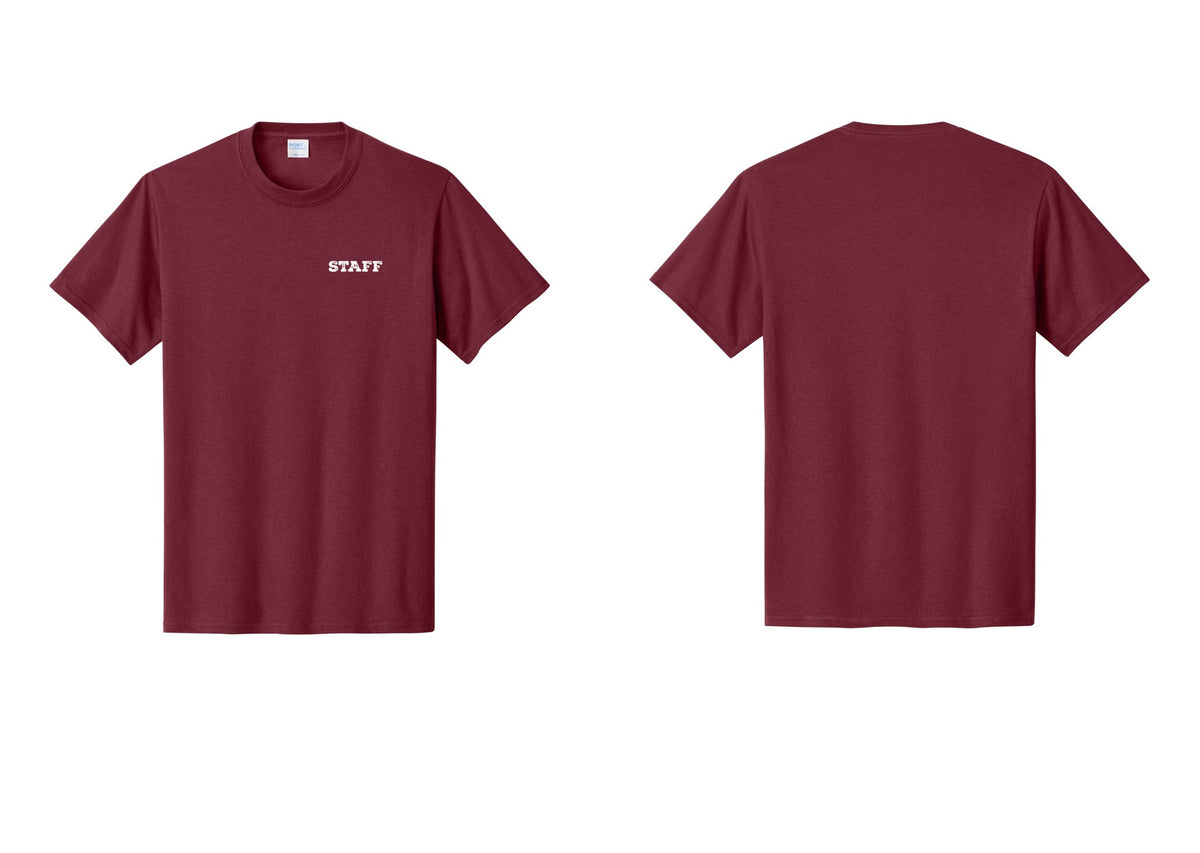 NYC Factory Staff T-Shirt, Rustic Lettering - Chest Only - Cardinal