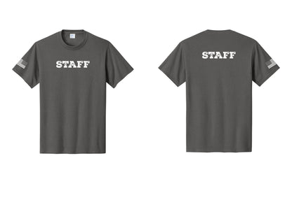 NYC Factory Staff T-Shirt, Rustic Lettering - Front + Back + US Flag Sleeve - Charcoal