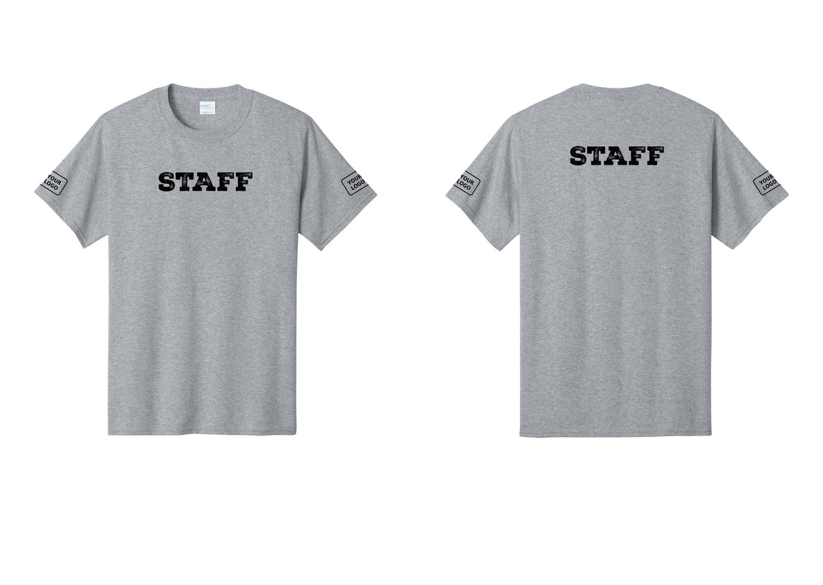 NYC Factory Custom Logo Staff T-Shirt, Rustic Lettering - Front + Back + Your Logo Sleeves - Athletic Heather