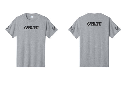 NYC Factory Custom Logo Staff T-Shirt, Rustic Lettering - Front + Back + Your Logo Sleeves - Athletic Heather