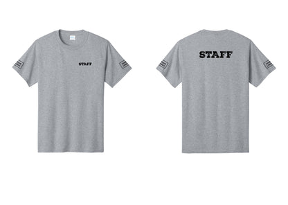 NYC Factory Custom Logo Staff T-Shirt, Rustic Lettering - Chest + Back + Your Logo Sleeves - Athletic Heather