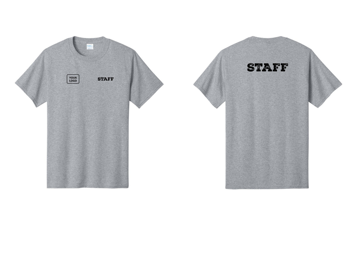 NYC Factory Custom Logo Staff T-Shirt, Rustic Lettering - STAFF + Your Logo + Back - Athletic Heather