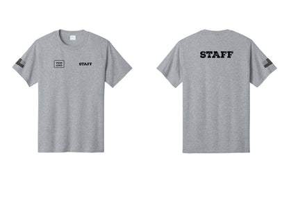 NYC Factory Custom Logo Staff T-Shirt, Rustic Lettering - STAFF + Your Logo + Back + US Flag Sleeve - Athletic Heather