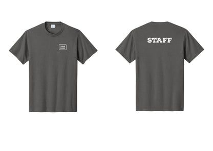 NYC Factory Custom Logo Staff T-Shirt, Rustic Lettering - Your Logo + Back - Charcoal