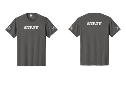 NYC Factory Custom Logo Staff T-Shirt, Rustic Lettering - Front + Back + Your Logo Sleeves - Charcoal
