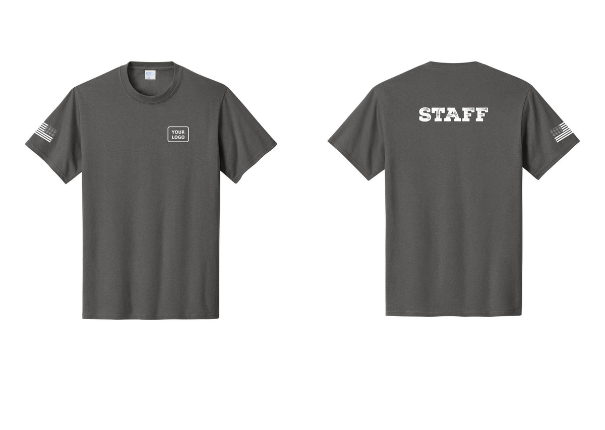 NYC Factory Custom Logo Staff T-Shirt, Rustic Lettering - Your Logo + Back + US Flag Sleeve - Charcoal