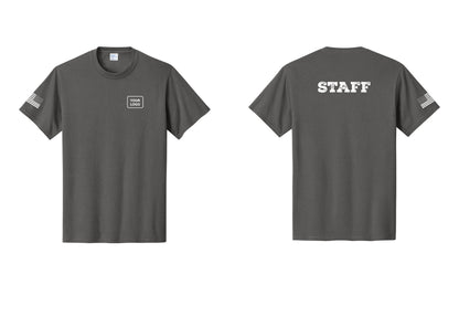 NYC Factory Custom Logo Staff T-Shirt, Rustic Lettering - Your Logo + Back + US Flag Sleeve - Charcoal