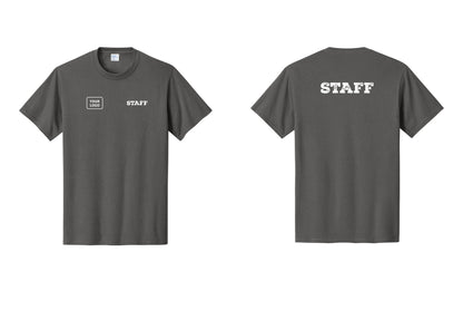 NYC Factory Custom Logo Staff T-Shirt, Rustic Lettering - STAFF + Your Logo + Back - Charcoal