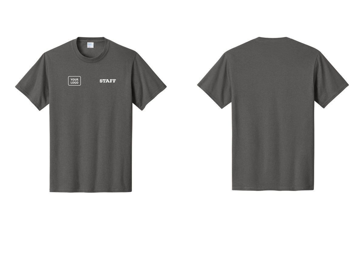 NYC Factory Custom Logo Staff T-Shirt, Rustic Lettering - STAFF + Your Logo - Charcoal