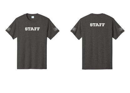 NYC Factory Custom Logo Staff T-Shirt, Rustic Lettering - Front + Back + Your Logo Sleeves - Dark Heather Grey