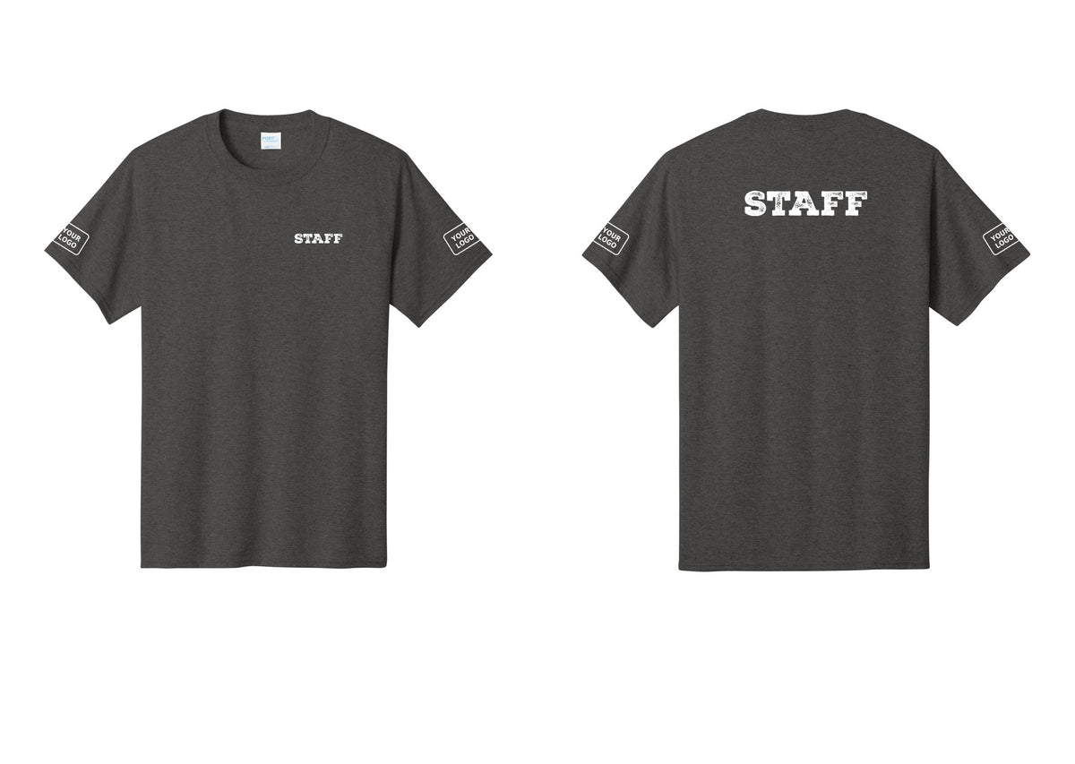 NYC Factory Custom Logo Staff T-Shirt, Rustic Lettering - Chest + Back + Your Logo Sleeves - Dark Heather Grey