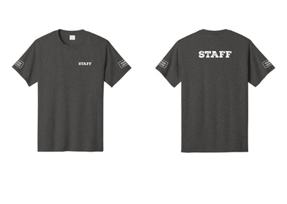 NYC Factory Custom Logo Staff T-Shirt, Rustic Lettering - Chest + Back + Your Logo Sleeves - Dark Heather Grey